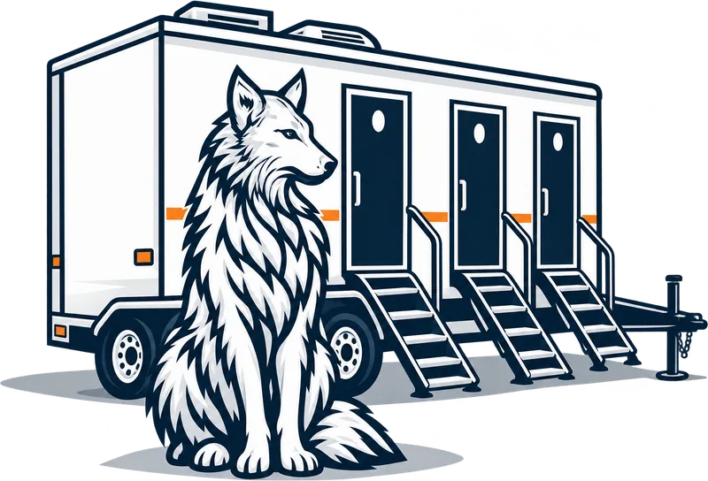 The wolf mascot sitting in front of a white restroom trailer