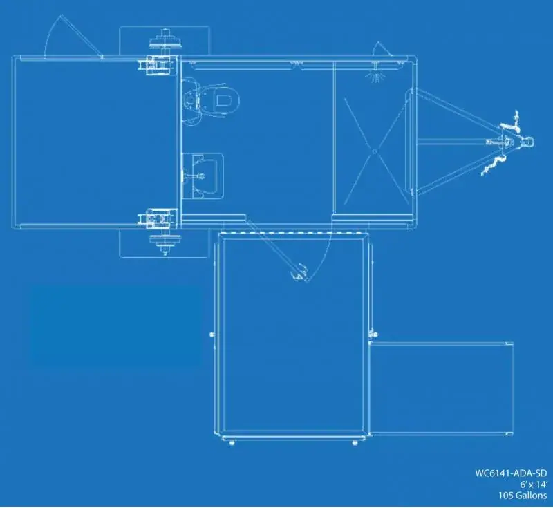 Blueprint diagram of the ADA Single Restroom and Restroom Shower Trailer, featuring an accessible restroom with toilet, sink, urinal, shower, and labeled dimensions 6' x 14'.