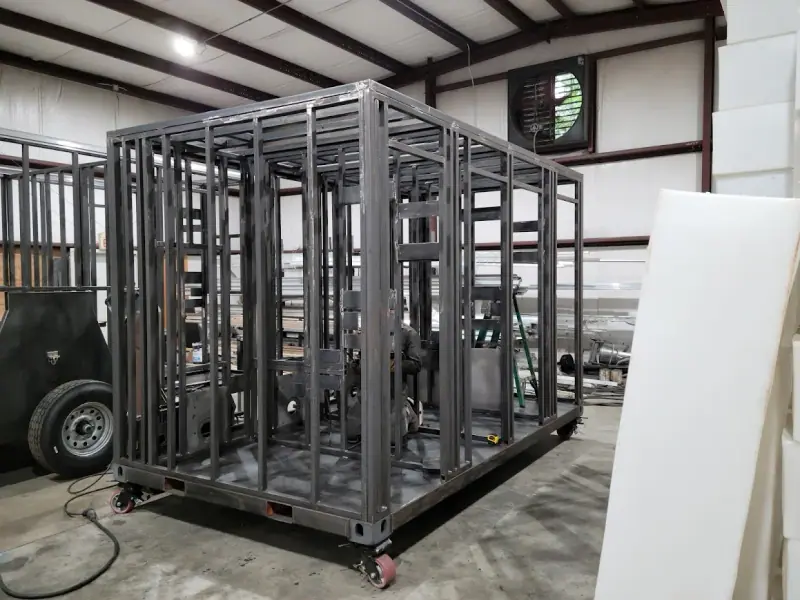 Steel wall frames being assembled on the shop floor