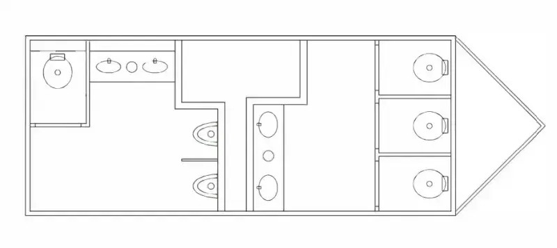 Floor plan of the OI-620 - 6 Station Restroom Trailer (20' x 8.5') featuring urinals, sinks, accessible and standard toilet stalls arranged along opposing walls.