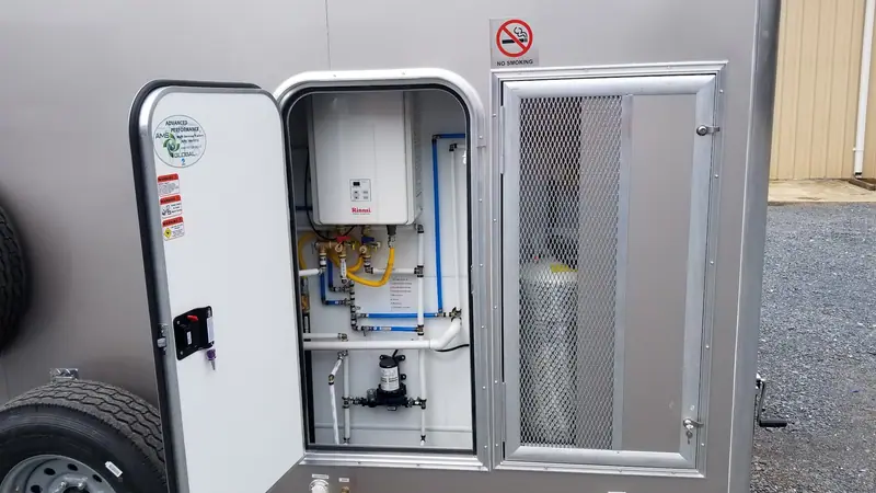 On-demand water heater in the trailer’s equipment bay