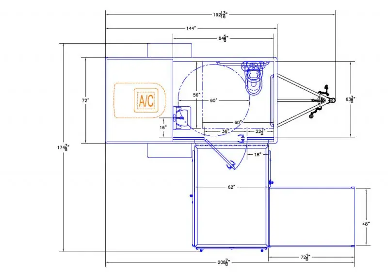 Blueprint diagram for the ADA Single Restroom and Restroom Shower Trailer, with dimensions in inches, showing the layout for A/C unit, sink, toilet, shower area, and side extension.