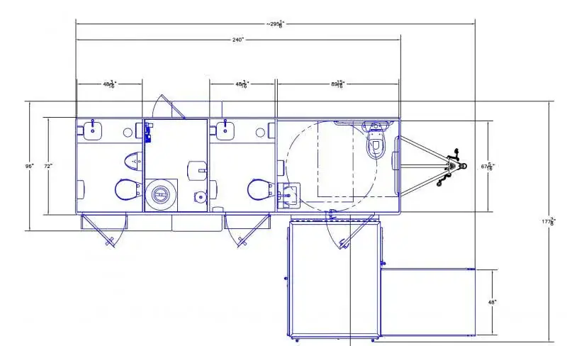 Blueprint floor plan of the ADA+2 Restroom Trailer (20' x 6'), showing two separate toilet areas, sinks, entry doors, and exterior dimensions labeled in feet and inches.