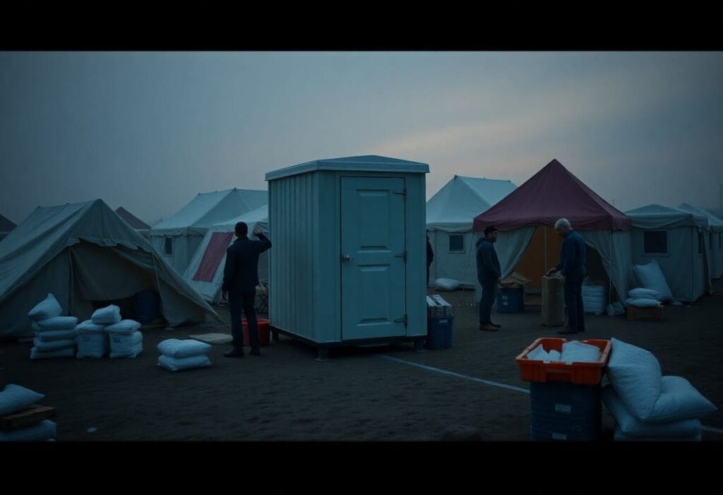 People stand near a portable cabin, shower restroom trailer, and tents in a temporary camp at dusk, with supplies and sandbags visible on the ground.