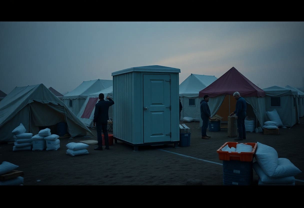 People stand near a portable cabin, shower restroom trailer, and tents in a temporary camp at dusk, with supplies and sandbags visible on the ground.