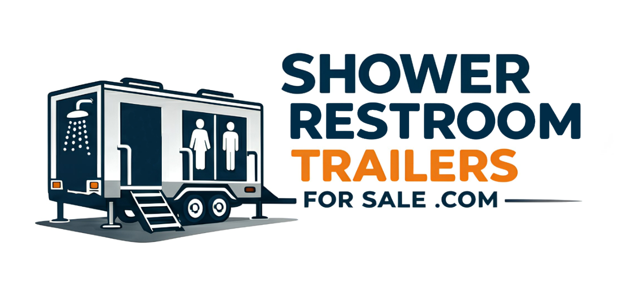 Illustration of a trailer with shower and restroom icons, next to the text "Shower Restroom Trailers for Sale .com" in blue and orange.