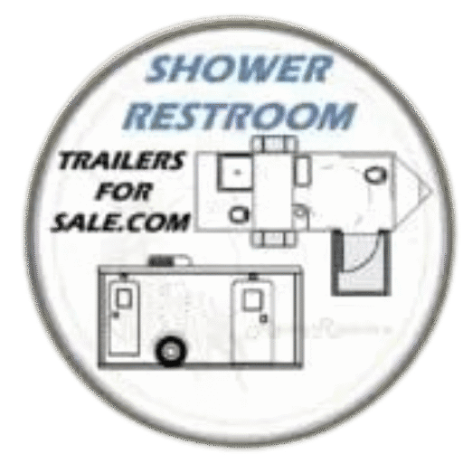 Circular logo featuring a floor plan and side view of a shower restroom trailer, with "SHOWER RESTROOM TRAILERS FOR SALE.COM" in blue and black text. Perfect for showcasing your shower restroom trailer business.