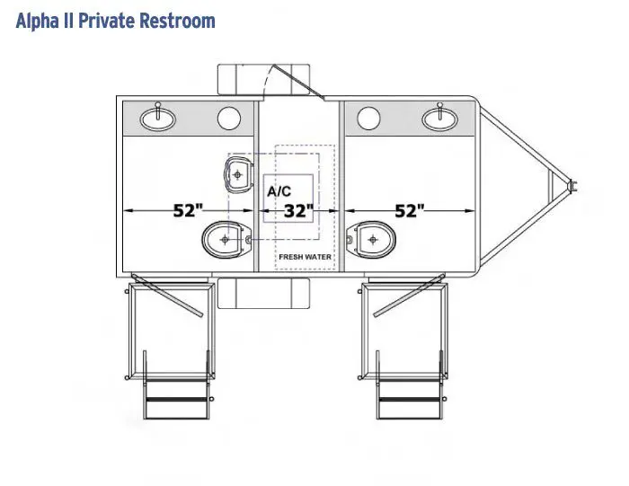 Diagram of Alpha II Private Restroom layout, featuring two separate toilets, two sinks, air conditioning, and labeled measurements of 52" and 32". Ideal as a shower restroom trailer for comfortable private use.