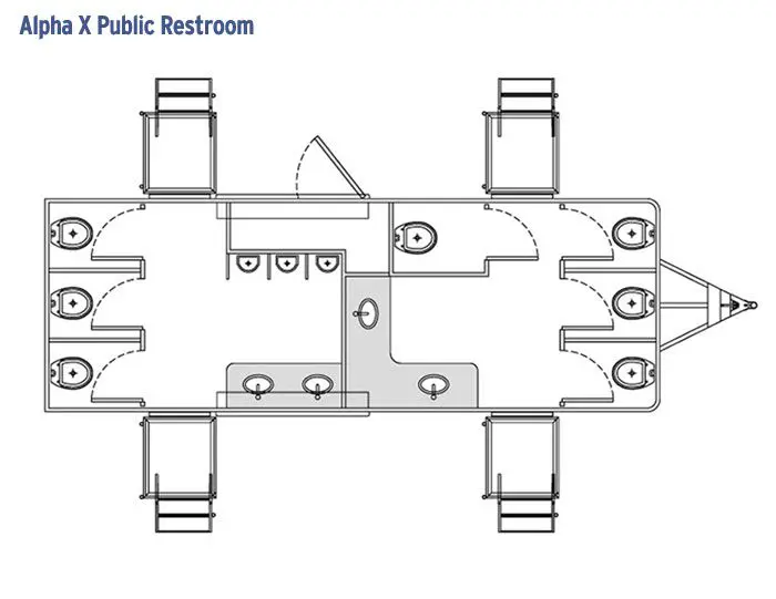 Black and white floor plan of the Alpha X shower restroom trailer, showing stalls, sinks, and separate sections for toilets and urinals.
