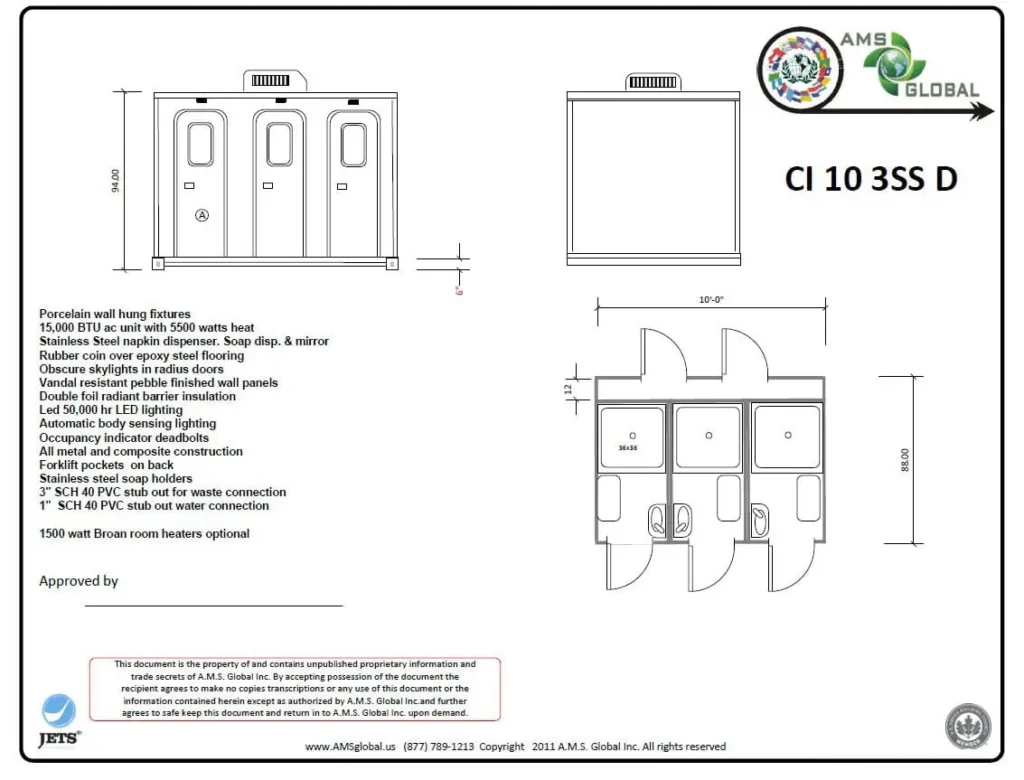Technical drawing and floor plan of a three-stall shower restroom trailer, with specifications and features listed on the left.
