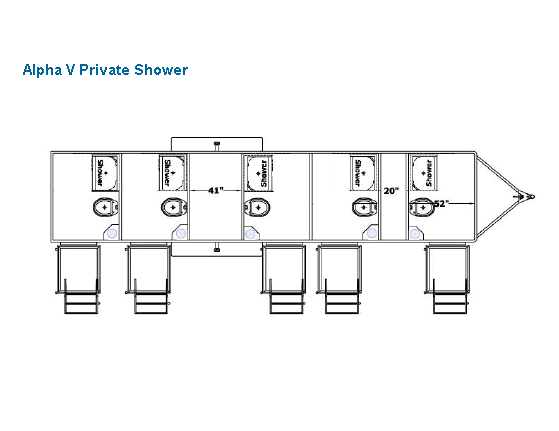 Floor plan of a shower restroom trailer labeled "Alpha V Private Shower," featuring five separate stalls, each with its own entrance and set of stairs.