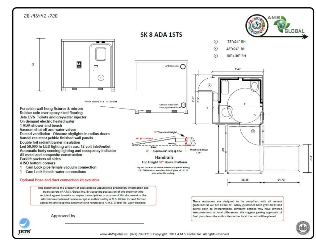 Technical drawing of an ADA-compliant toilet system for a shower restroom trailer, including dimensions, specifications, plumbing details, handrail placement, and installation instructions.