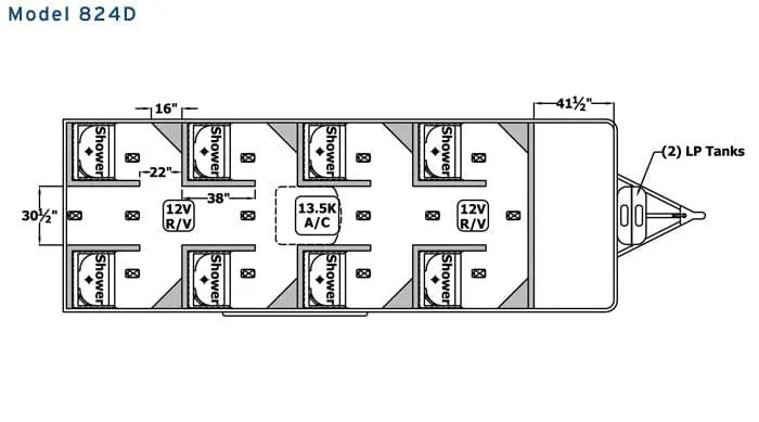 Diagram of Model 824D shower restroom trailer floor plan showing eight sleeping areas, 13.5K A/C unit, two LP tanks, and labeled measurements for length and width.