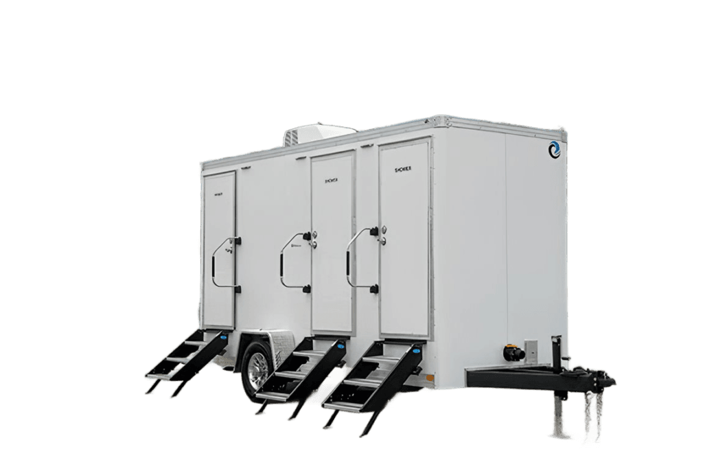 A portable restroom trailer with three doors labeled "Men," "Women," and "Unisex," each with stairs for entry and a trailer hitch at the front.