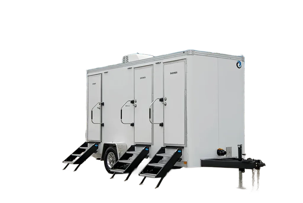 A portable restroom trailer with three doors labeled "Men," "Women," and "Unisex," each with stairs for entry and a trailer hitch at the front.
