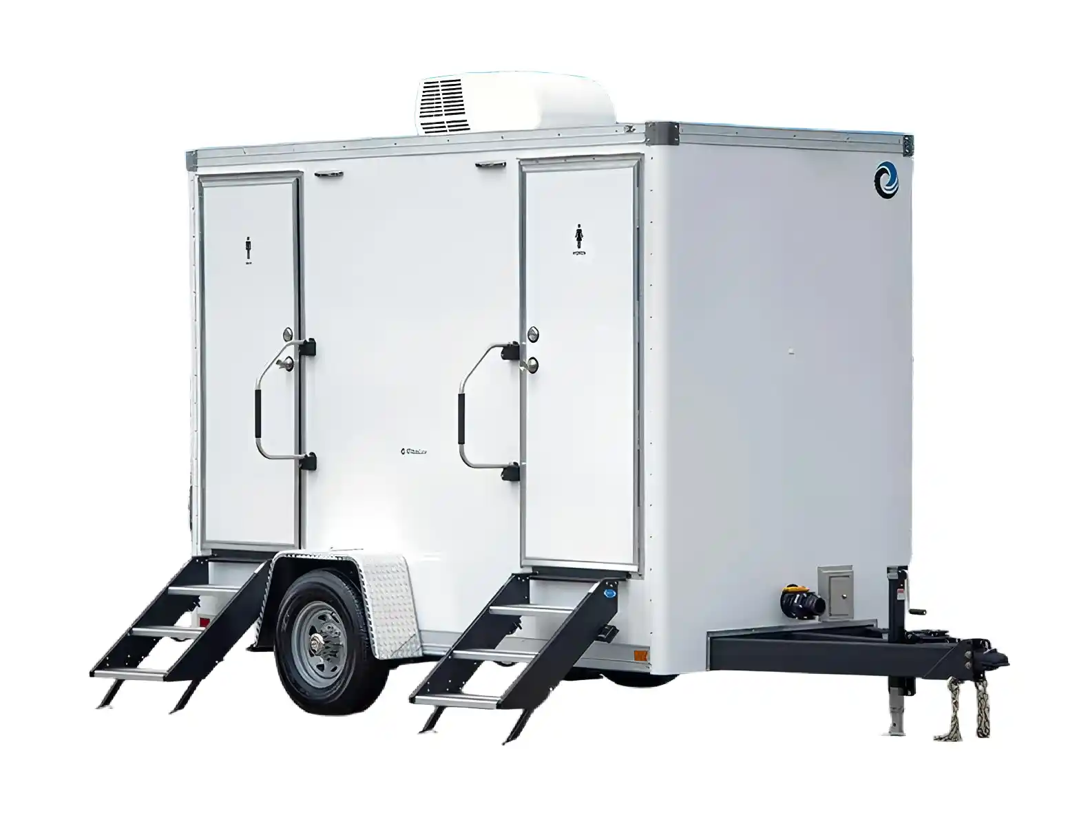 The 2 private room shower restroom trailer is a white portable unit featuring two separate entrances with small staircases and an air conditioning unit on top.
