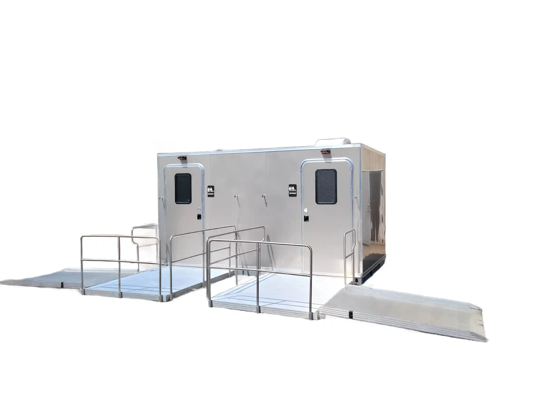 The CI 14 - 2 Stall ADA Restroom Skid (14 ft) is a silver portable restroom trailer featuring two entry doors and three metal wheelchair-accessible ramps, shown on a white background.