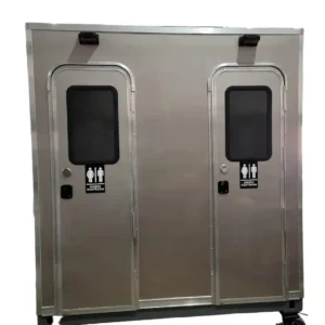 The CI 8 - 2 Stall Restroom Skid (8 ft) is a portable unit with two doors, each labeled with male and female restroom symbols and unisex restroom signs.