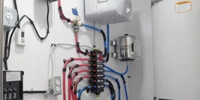 A 3 private room restroom trailer features a utility area with a water heater, large storage tank, electrical panels, and neatly arranged red and blue water pipes set against white walls.
